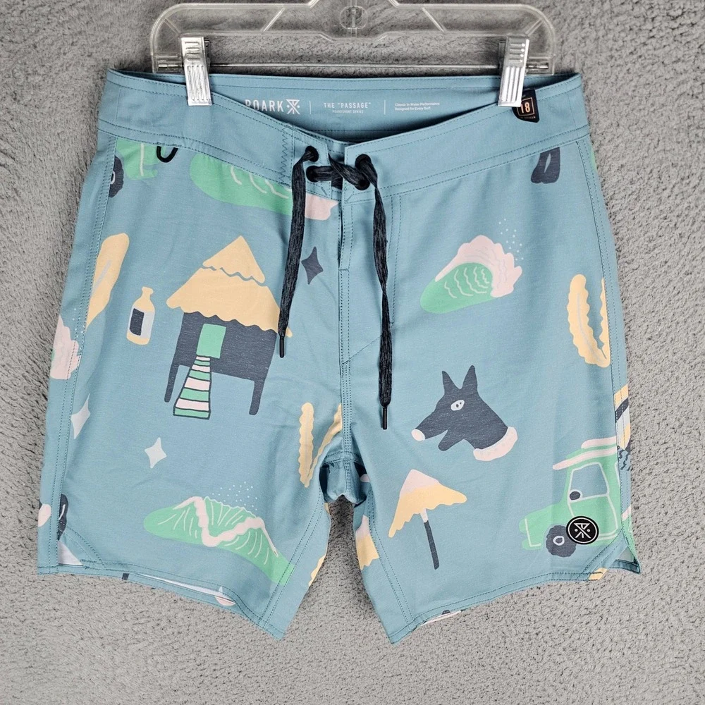 Roark Boardshorts Mens 28 Blue The Passage Graphic Print Surf Trunks 18 Outseam